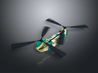 Green Beige Helicopter with Black Rotating Propellers and Reflection on Dark Background 3d model