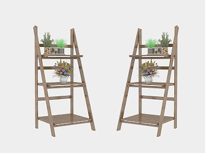 Natural Wooden Ladder Shaped Shelves With Multiple Bonsai Plants For Home Decor 3d model