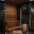 Modern Shower Sauna Interior Design With Glass Doors And Wooden Benches