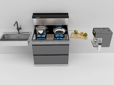 Modern Kitchen Appliances Setup With Gas Stove Range Hood Sink And Coffee Machine 3d model