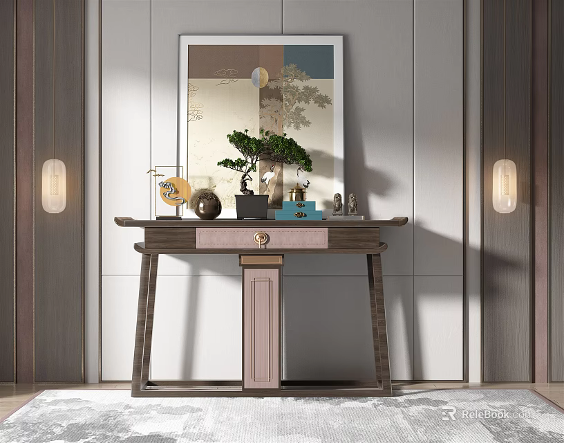Elegant Console Table Interior With Mirror Plant Decorations And Wall Lamps 3d model