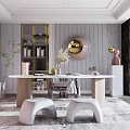 Modern Study Room Interior With Pink Walls Gold Glass Cabinet Round Mirror White Table And Plants