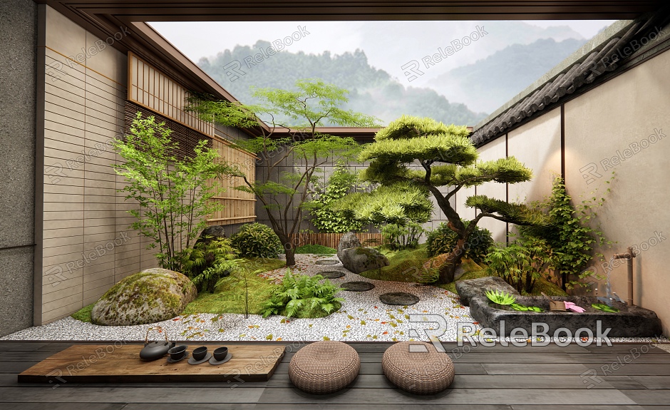 Courtyard Landscape Tea Room Plant Pile Shrub Green Plant Landscape Tree Landscape Stone Pine Water Bowl model