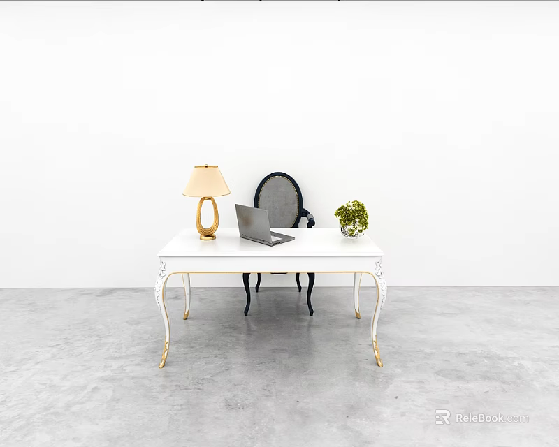 Modern White Desk Black Chair With Gold Legs Lamp Laptop And Green Plant 3d model 