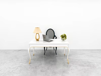 Modern White Desk Black Chair With Gold Legs Lamp Laptop And Green Plant 3d model