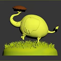Cartoon Style Yellow Elephant Figurine With Red Object On Trunk And Green Grass Base