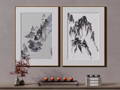Chinese Landscape Paintings Hanging On Wall With Decorative Vase Red Fruits And Ornaments 3d model