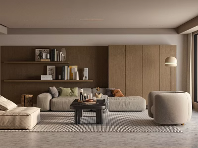 Modern Living Room Interior Design With Light Gray Sofa Wooden Coffee Table And Geometric Rug 3d model