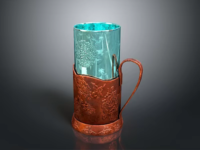 Decorative Copper Base Transparent Glass Cup With Embossed Patterns And Handle 3d model
