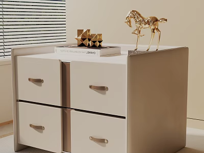 Modern Beige Leather Bedside Table With Drawers Golden Horse Ornament Geometric Decor And Book 3d model