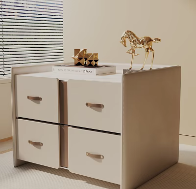 Modern Beige Leather Bedside Table With Drawers Golden Horse Ornament Geometric Decor And Book 3d model