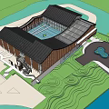 Modern Sales Office Building With Unique Roof Design Waterfront Location Green Lawn And Circular Driveway
