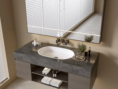 Modern Bathroom Vanity Cabinet With Sleek Countertop White Sink Mirror And Open Storage Shelves 3d model