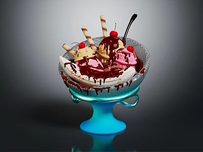 Delicious Ice Cream Sundae in Glass Bowl with Blue Base Chocolate Sauce and Cherries 3d model