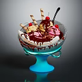 Delicious Ice Cream Sundae in Glass Bowl with Blue Base Chocolate Sauce and Cherries