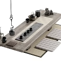 Traditional Tea Table Setup With Wooden Surface Tea Set Cushions And Stone Decor 3d model