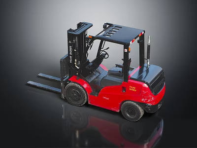 Red Industrial Forklift With Black Cab Front Forks And Reflective Surface 3d model