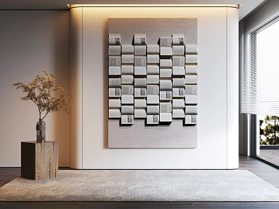 Modern Interior With 3D Square Wall Art Wooden Side Table And Dried Flower Vase 3d model