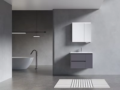 Modern Bathroom Set With White Bathtub Gray Vanity Mirror Cabinet And Striped Mat 3d model