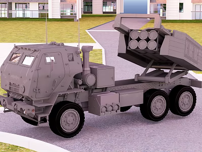 Military Utility Vehicle with Rear Loading Mechanism and Multiple Cylindrical Units Parked on Paved Road 3d model