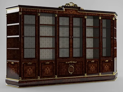 Elegant Dark Wooden Wine Cabinet With Glass Doors Gold Accents And Carved Details 3d model