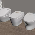 Three White Smart Toilets in Modern Bathroom with Wooden Floor and Window Blinds