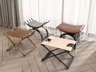 Stools With Various Designs Wooden Frame Leather Seat And Metal Structure In Indoor Setting 3d model
