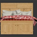 Wooden Double Bed with Bookshelf Headboard Red Patterned Quilt and Gray Pillows