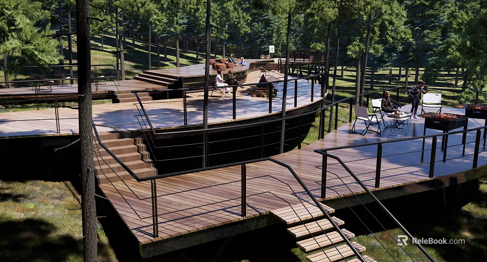 Scenic Park Landscape With Wooden Deck Stairs Railings And Lush Green Trees 3d model 