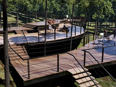 Scenic Park Landscape With Wooden Deck Stairs Railings And Lush Green Trees 3d model