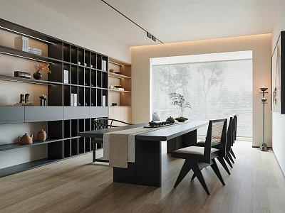 Modern Tea Room Interior Design With Long Table Black Chairs And Wooden Shelves 3d model
