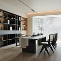 Modern Tea Room Interior Design With Long Table Black Chairs And Wooden Shelves