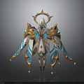 Elegant Divine Mythical Creature Character With Golden Blue Ornaments Horned Headpiece And Gemstone Wings