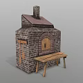 Traditional Brick Kitchen Oven With Chimney Wooden Bench And Cover