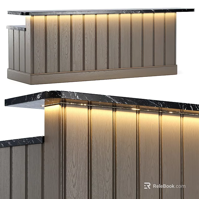 Modern Stylish Bar Counter With Wooden Panels And Marble Top Featuring Soft Illuminated Lighting 3d model 
