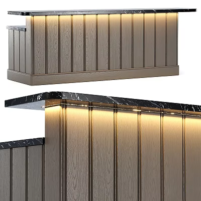 Modern Stylish Bar Counter With Wooden Panels And Marble Top Featuring Soft Illuminated Lighting 3d model