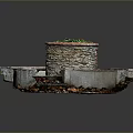 Rustic Stone Well Structure With Circular Red Gray Brick Border And Green Plants On Top