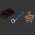 Brown Leather Sofa Blue Ottoman And Wooden Bench With Metal Frame