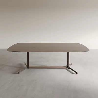 Gray oval dining table with metal legs against light wall and gray floor 3d model