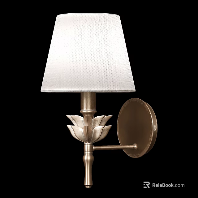 Elegant Brass Wall Sconce Featuring White Fabric Shade And Lotus-Shaped Decorative Detail 3d model 
