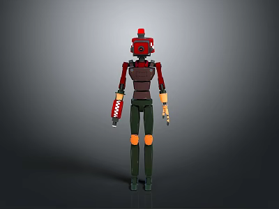 Red Helmet Robot Figure With Dark Torso Red Arm Bands Green Legs And Orange Joints 3d model