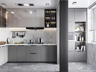 Modern Kitchen Interior With Gray Cabinets Marble Countertops And Appliances 3d model