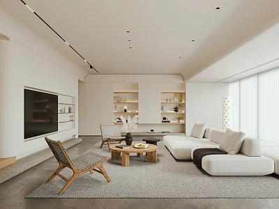 Modern Living Room Interior With White Sofa Wooden Chairs Coffee Table TV Shelves And Rug 3d model