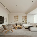 Modern Living Room Interior With White Sofa Wooden Chairs Coffee Table TV Shelves And Rug