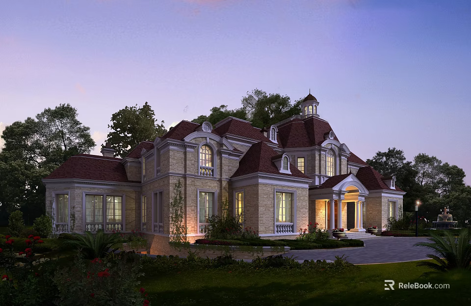 Luxury Detached Villa With Stone Exterior Red Roof Evening Lighting And Lawn Garden Driveway 3d model 