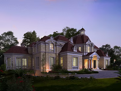 Luxury Detached Villa With Stone Exterior Red Roof Evening Lighting And Lawn Garden Driveway 3d model