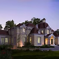 Luxury Detached Villa With Stone Exterior Red Roof Evening Lighting And Lawn Garden Driveway