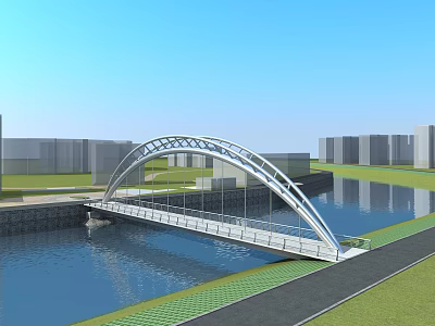 Modern Arch Bridge With Metal Structure Spanning River Near Green Grass And Buildings 3d model