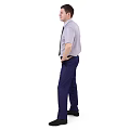 Man wearing light purple short-sleeve shirt gray tie dark blue pants with hands on hips