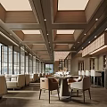 Modern Restaurant Interior With Wooden Ceiling Beams Large Windows Natural Light Dining Tables And Chairs